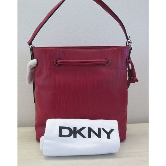 DKNY R13JVP96 Red Signature Logo Jody Drawstring Bucket Tote Shoulder Bag $178 - Picture 1 of 14
